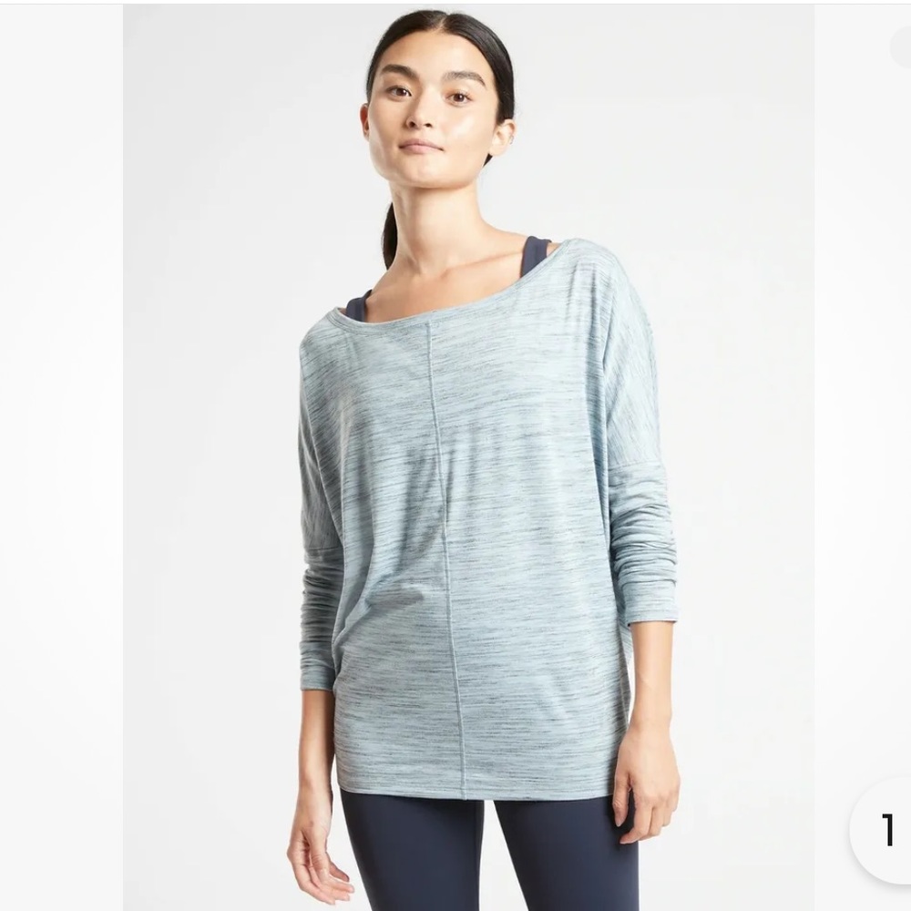 Athleta Flow Top Essence Spacedye, Glacial Blue/ Anthracite Grey SIZE M …